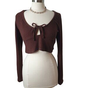 Aeropostale Womens Cropped Sweater XL Brown Ribbed Tie-Front Butter Soft Cottage